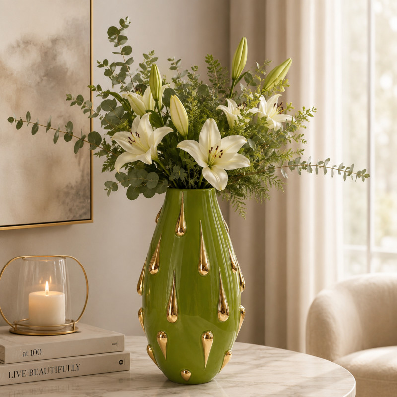 Adorno Florero de Cerámica 37cm Verde Gota Oro