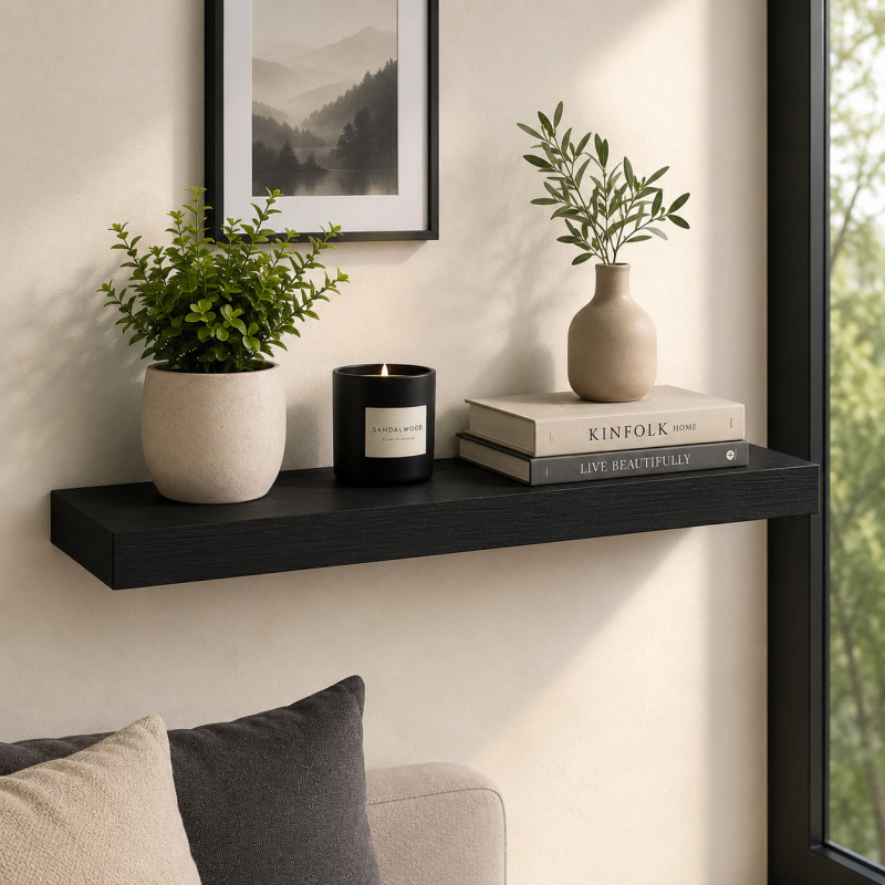 Repisa de Madera Negra con Soporte 25x60cm
