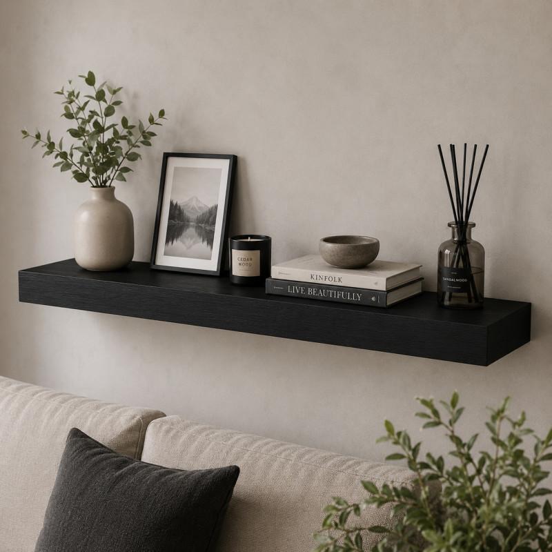Repisa de Madera Negra con Soporte 25x100cm
