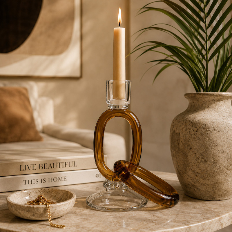 Candelabro Cadena Vidrio Café 24cm