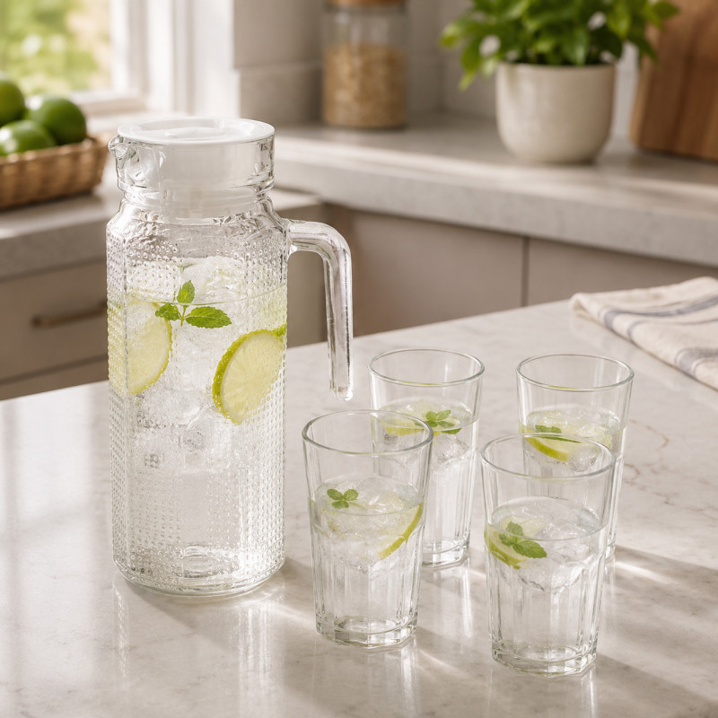 Jarra de Vidrio 850ml con 4 Vasos 180ml