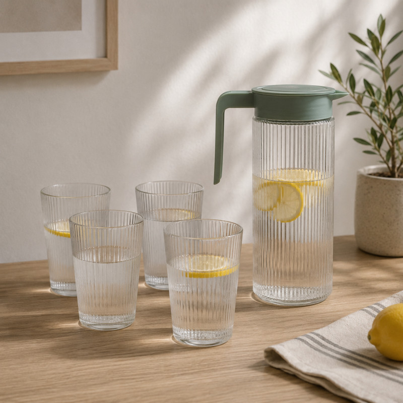 Jarra con Vasos de Vidrio 5 Piezas 1 L  230ml