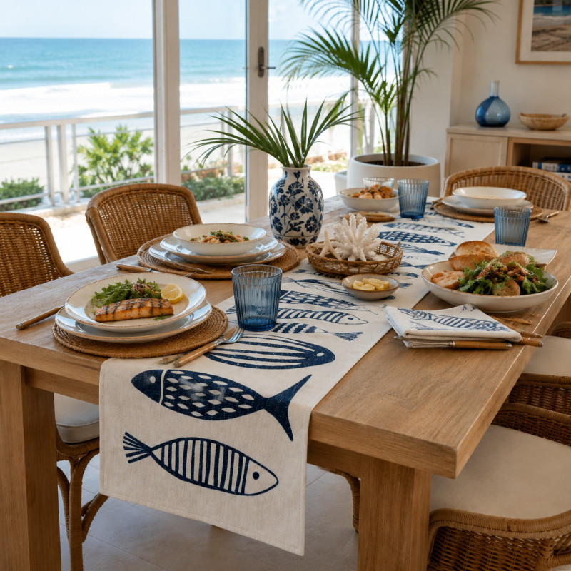 Camino de Mesa Tropical Blue Sublimado Peces 180 x 33 cm