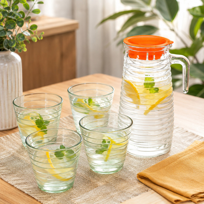Jarra de Vidrio 750ml con 4 Vasos de 220ml 