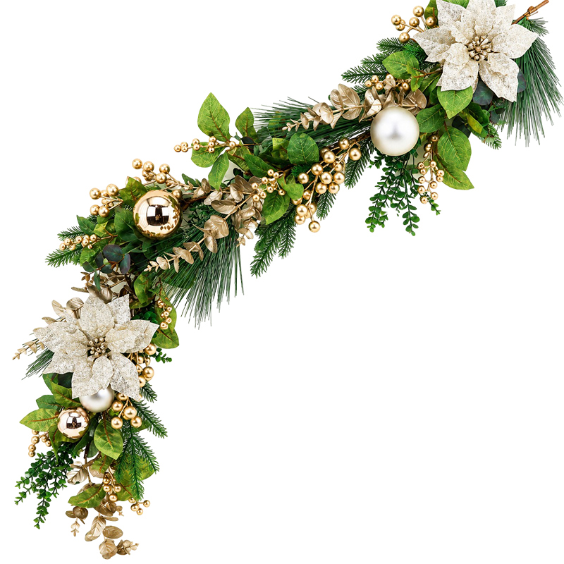Guirnalda Navideña Cerezas Bolas y Hojas Oro 152cm 