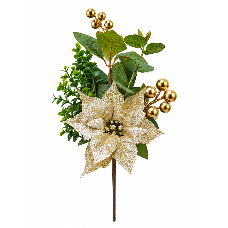 Rama Navideña Cerezas Bola y Hojas Oro 35cm 