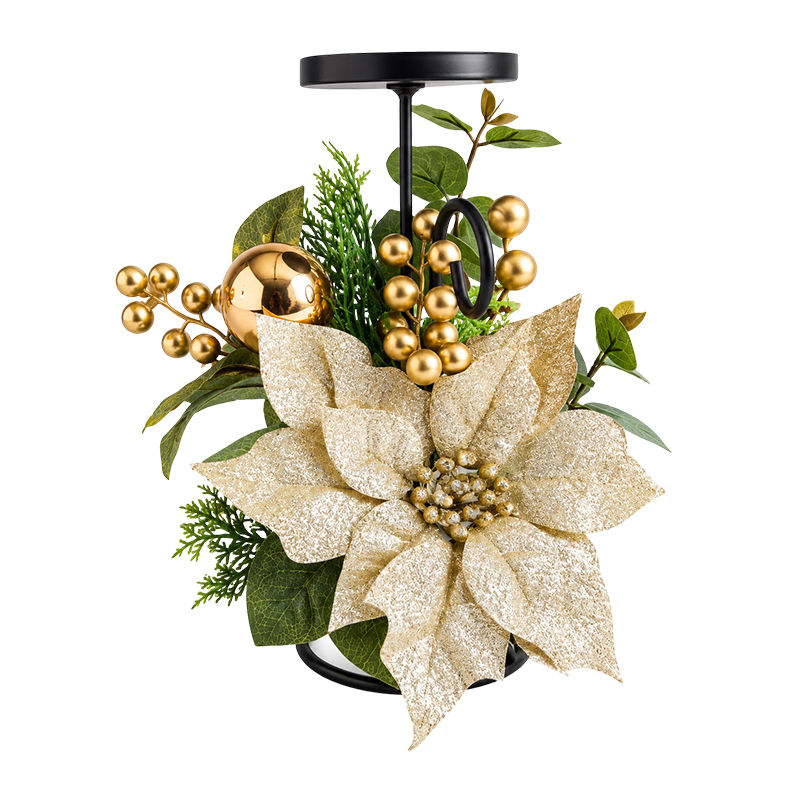 Portavelas con Cerezas Hojas y Bola Oro 25cm 
