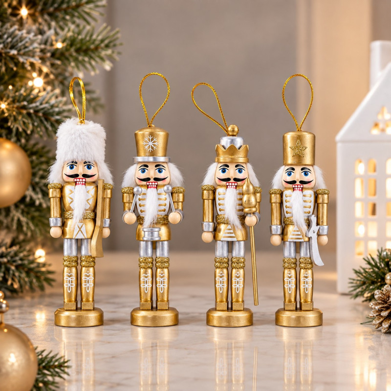 Cascanueces Oro y Blanco Colgante Set de 4 Piezas 12.5cm 