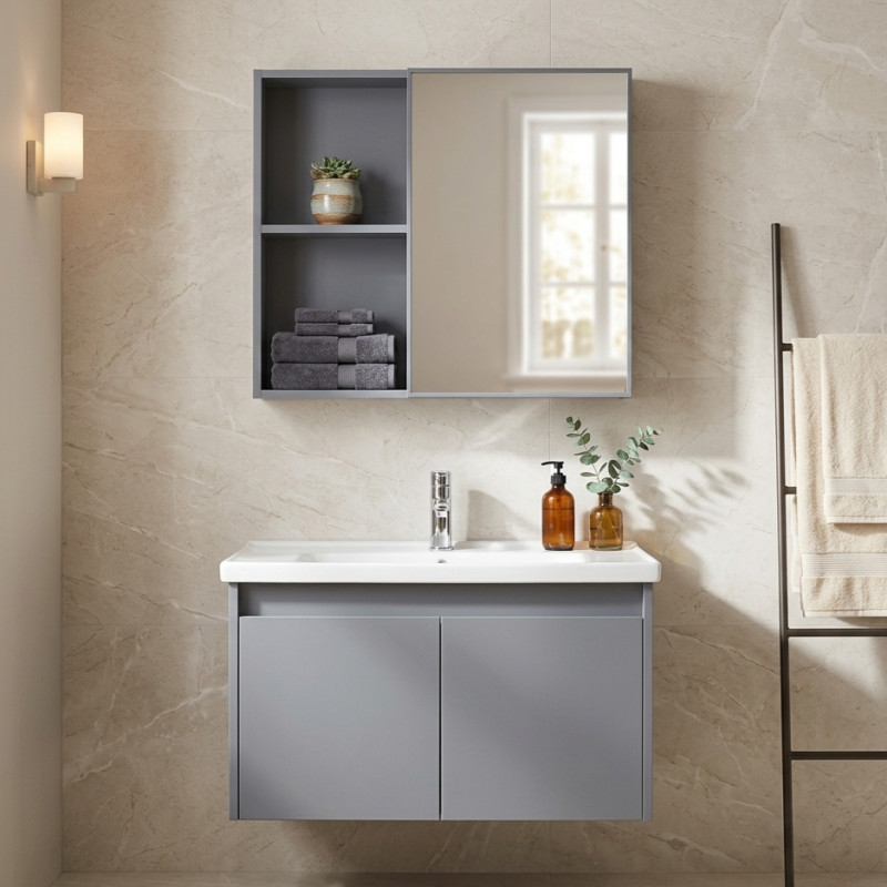 Mueble de Baño Aéreo Gris 60x48cm con Espejo