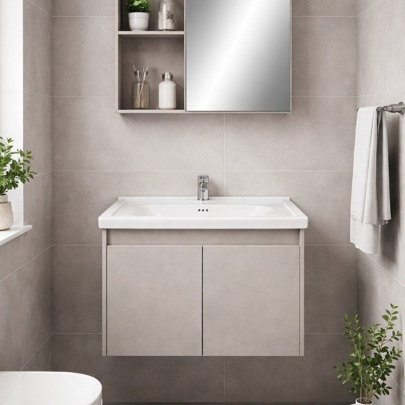 Mueble de Baño con Espejo Aéreo Beige 60x48cm