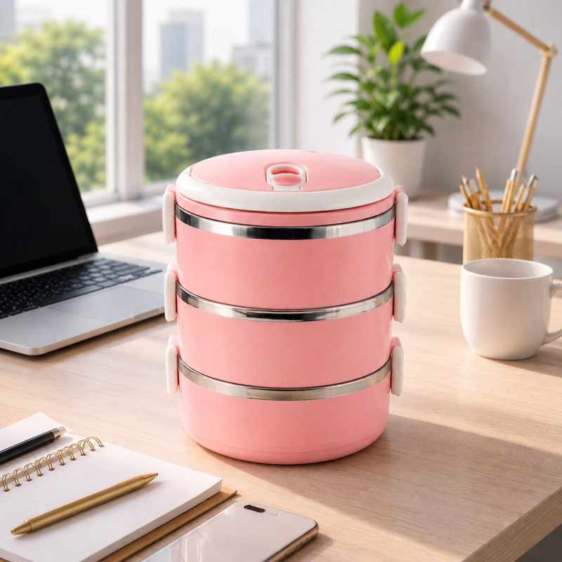 Vianda Doble para Comida Acero 2.1L Rosa