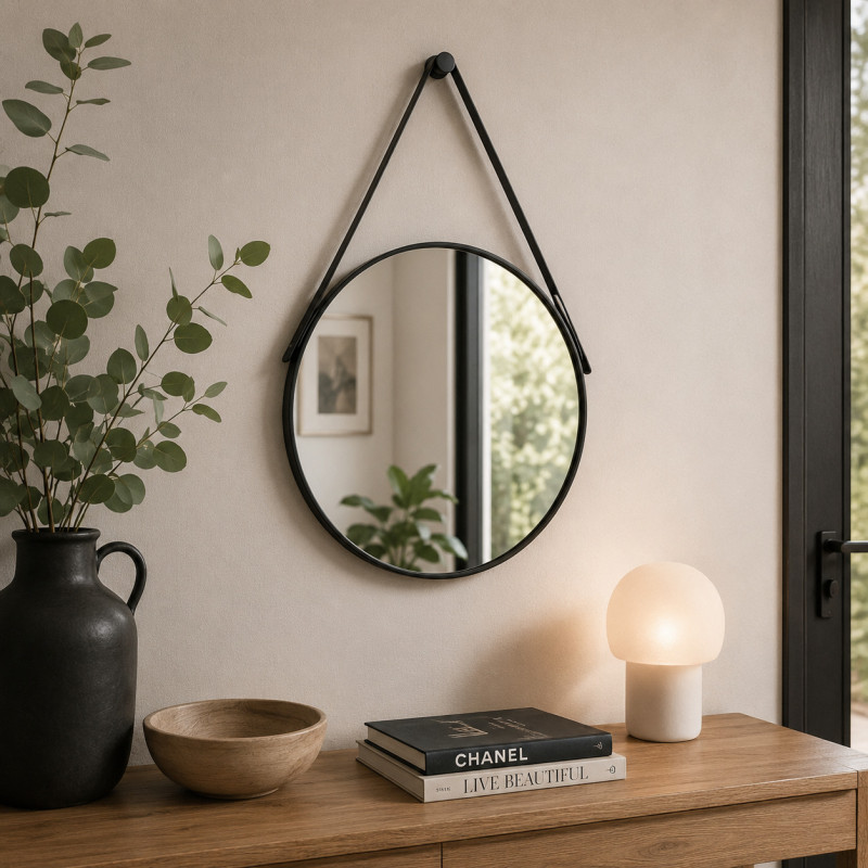 Espejo Colgante 40cm Negro con Soporte 