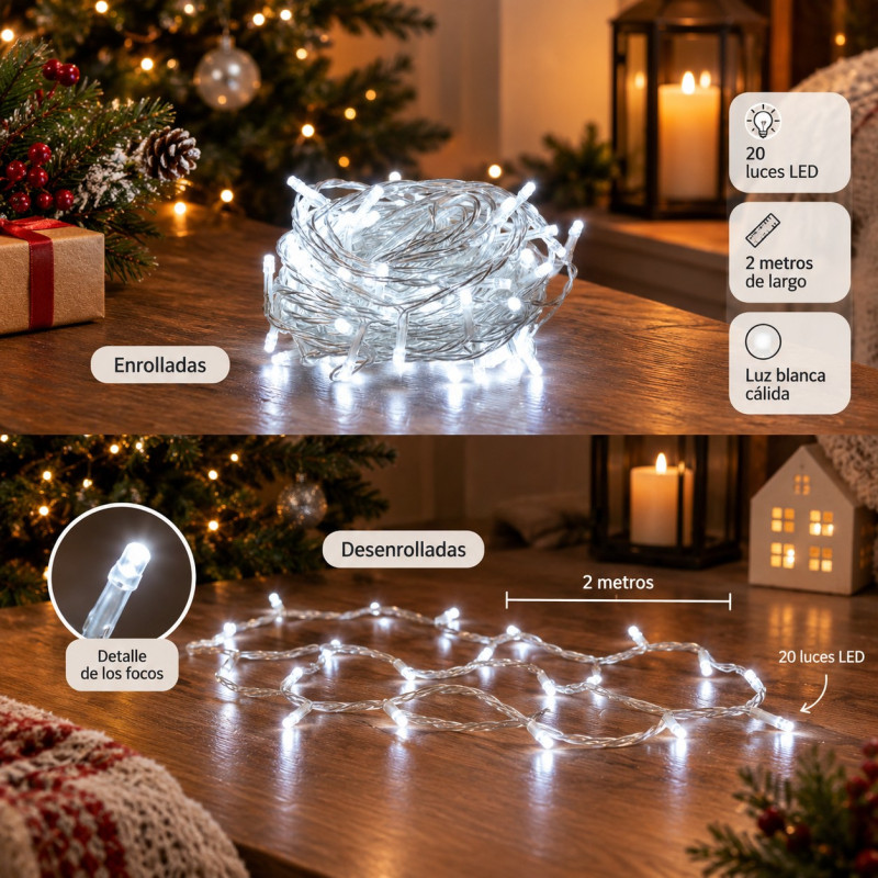 Luces Navideñas de 20 Leds Estatica de Bateria Blanca 