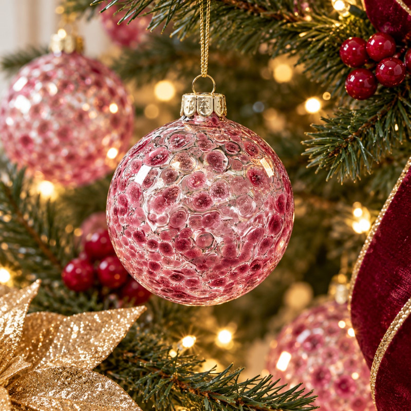 Adorno Navideño Colgante Bola Fucsia Vidrio