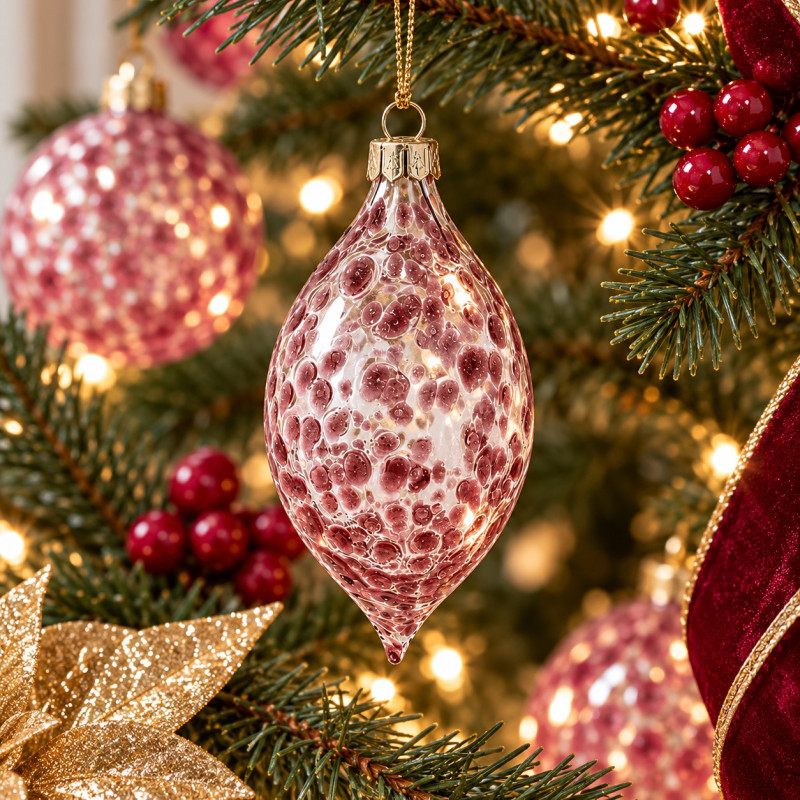 Adorno Navideño Colgante Gota Fucsia Vidrio 
