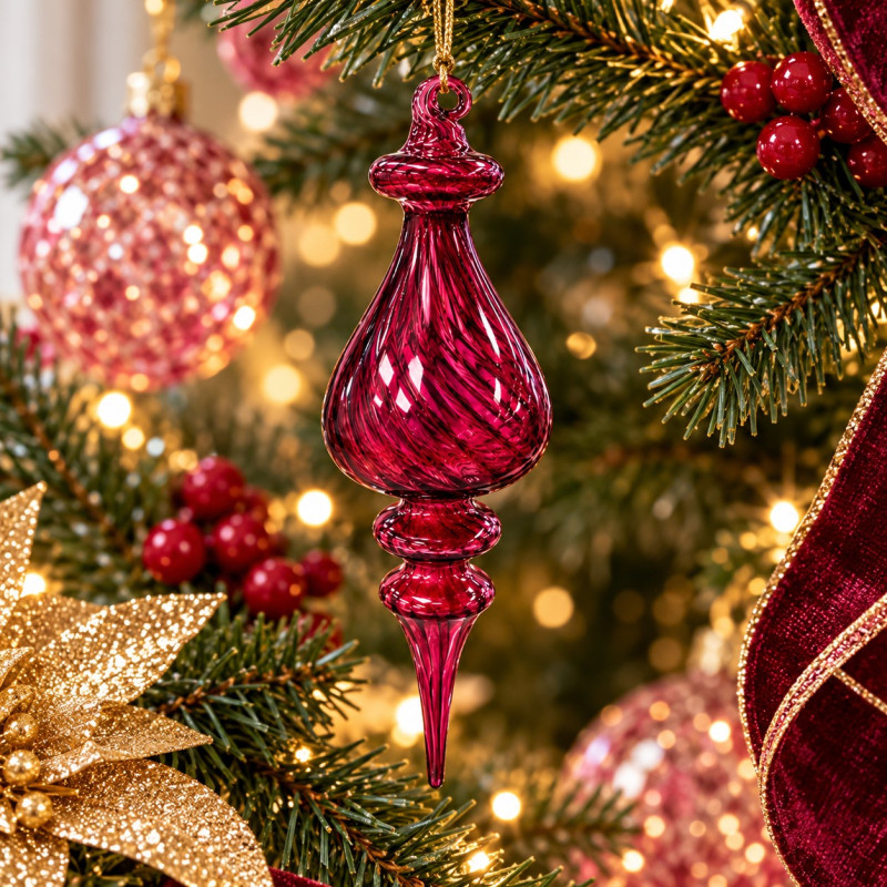Adorno Navideño Colgante Fucsia Vidrio 24cm