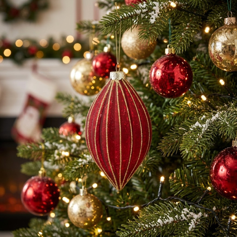 Adorno Navideño Colgante Gota Rojo Oro Vidrio 