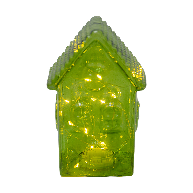 Casita Navideña Verde de Vidrio con Luz 19cm