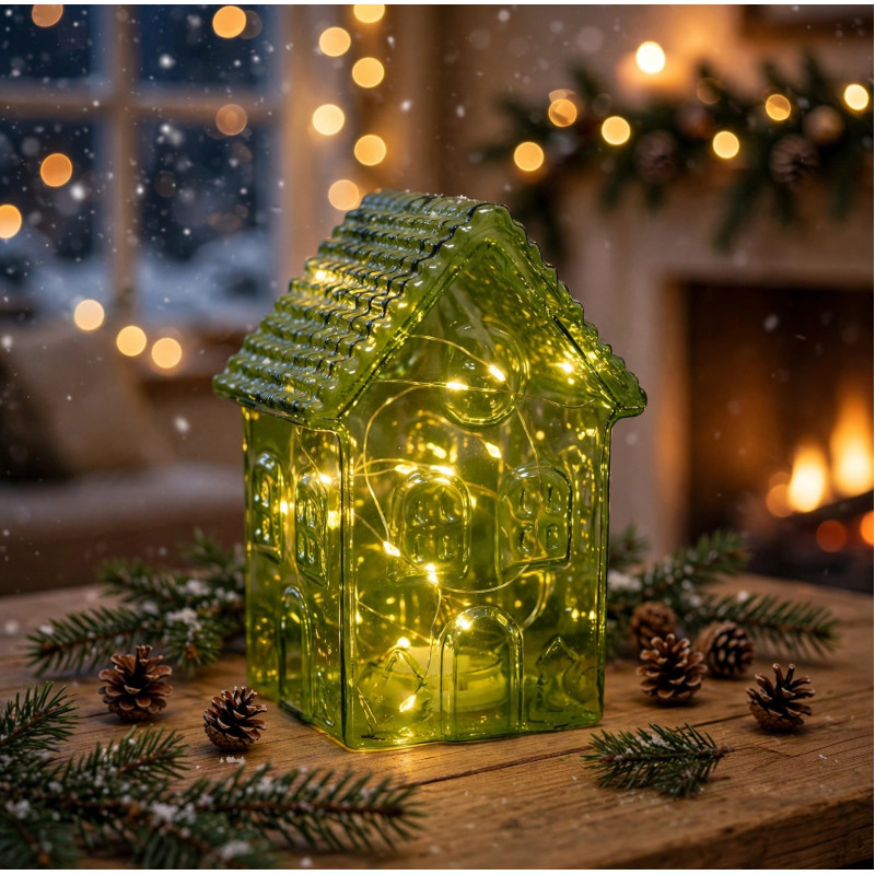 Casita Navideña Verde de Vidrio con Luz 19cm