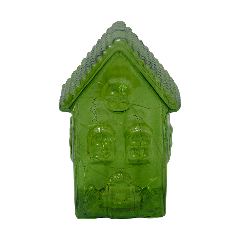 Casita Navideña Verde de Vidrio con Luz 19cm