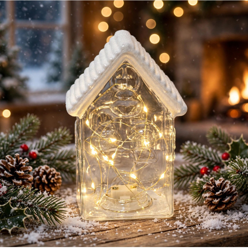 Casita Navideña de Vidrio Nevada Transparente con Luz 19cm