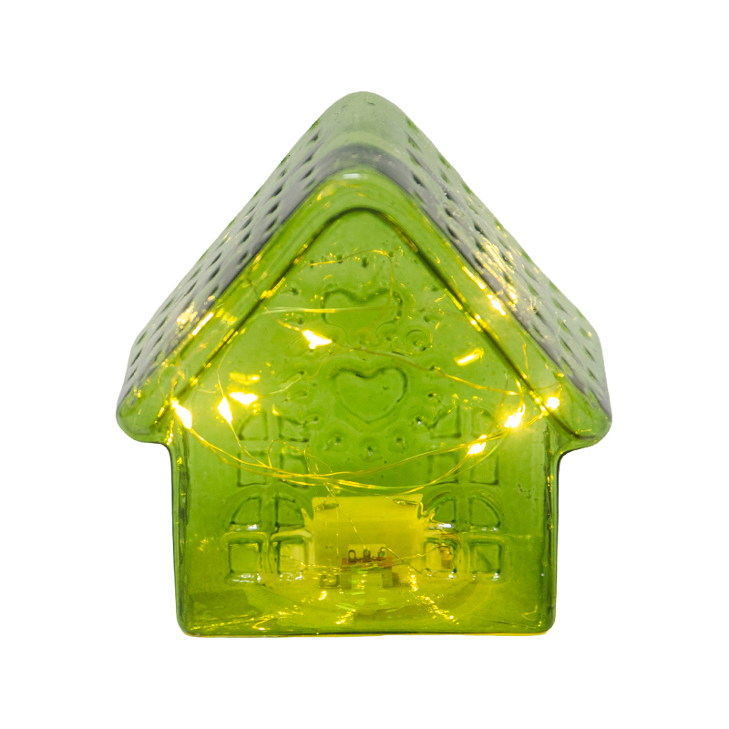 Casita Navideña Verde de Vidrio con Luz 9.9x6.8cm