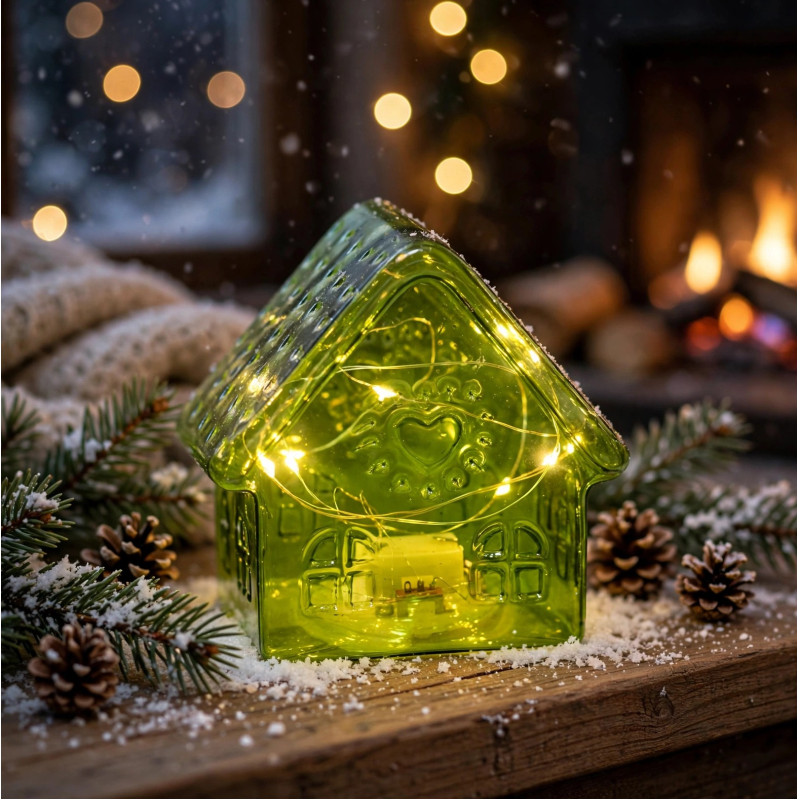 Casita Navideña Verde de Vidrio con Luz 9.9x6.8cm