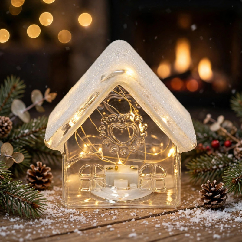 Casita Navideña de Vidrio Nevada Transparente con Luz 10cm