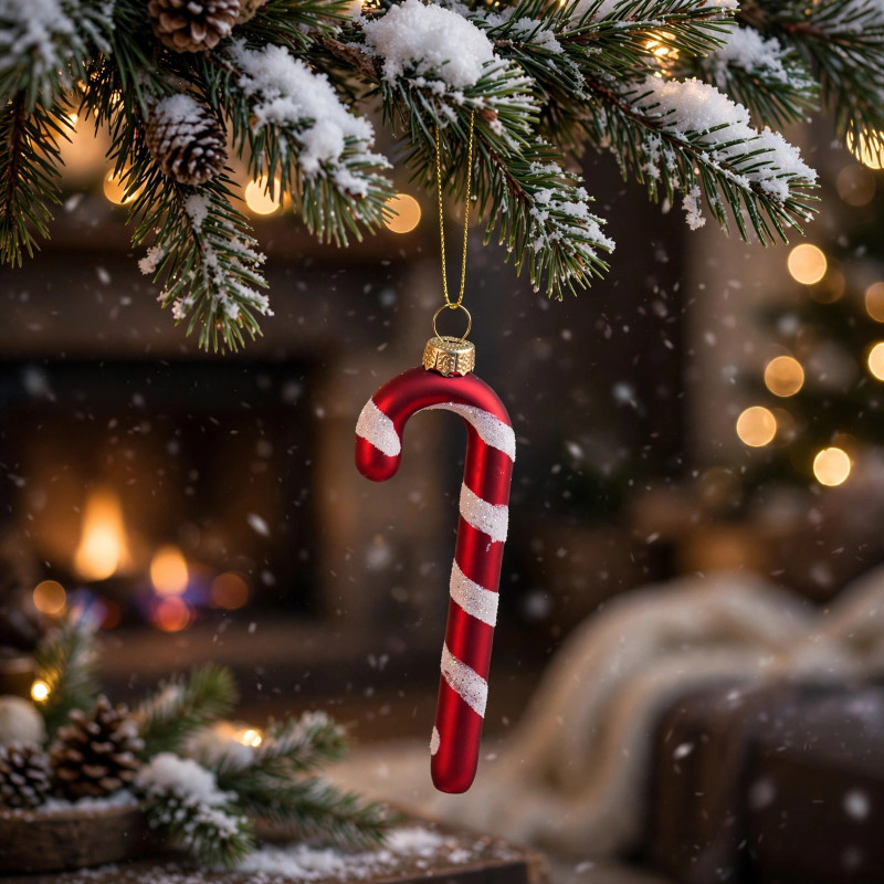 Adorno Navideño Colgante Bastón Rojo y Blanco de Vidrio