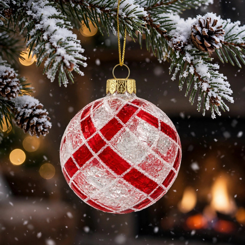Adorno Navideño Colgante Bola Rojo y Blanco Escarchado de Vidrio
