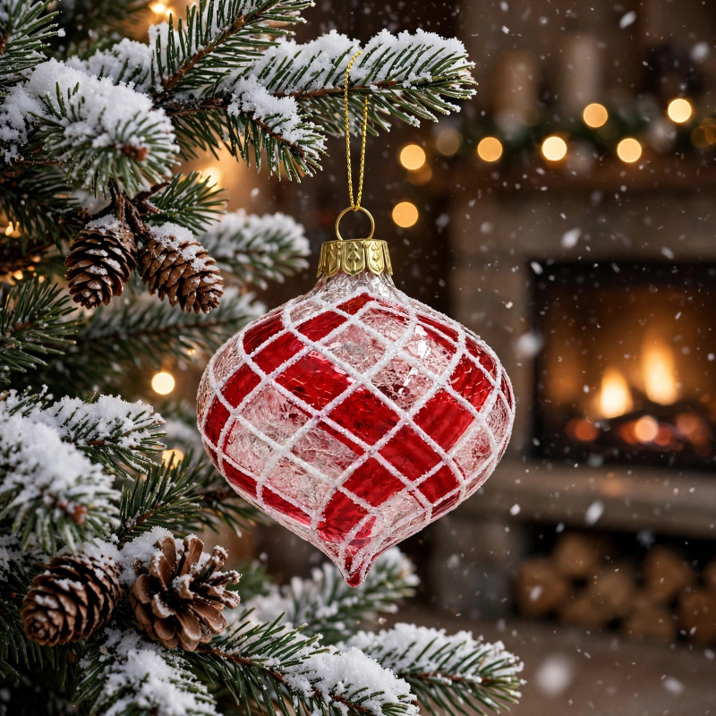 Adorno Navideño Esfera Ovalada Colgante Rojo y Blanco de Vidrio