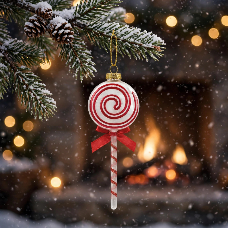 Adorno Navideño Colgante Paleta Rojo y Blanco de Vidrio