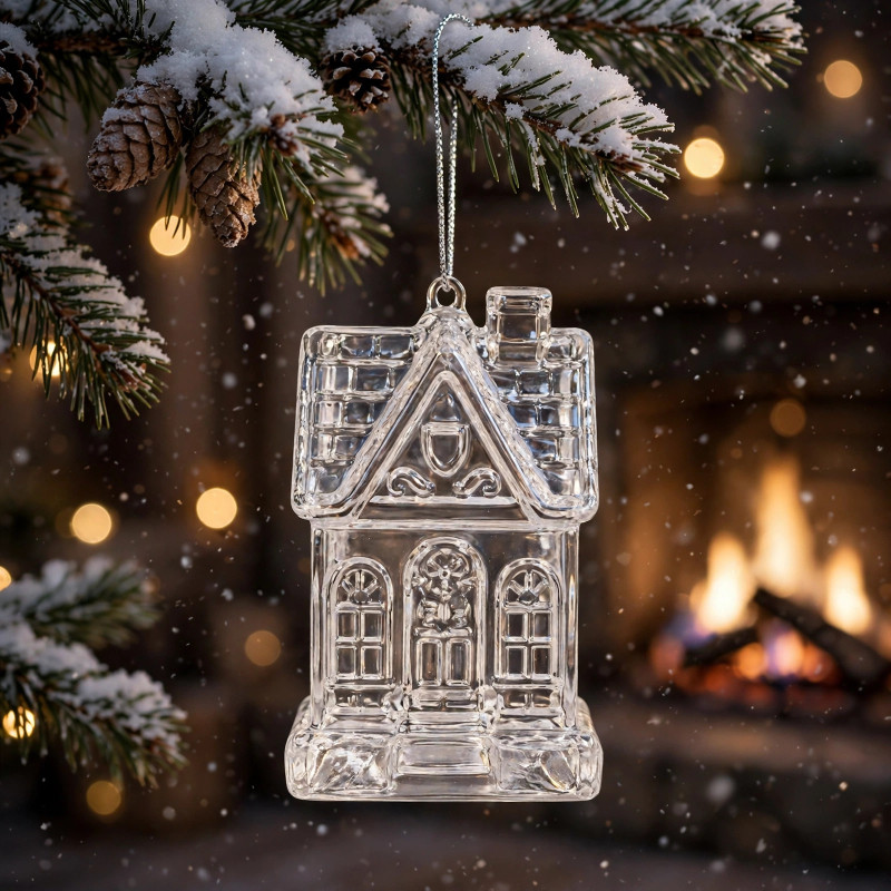 Adorno Navideño Colgante Casita Transparente de Vidrio 10 cm