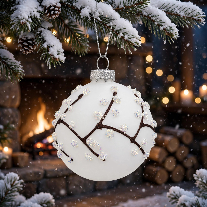 Adorno Navideño Colgante Bola Blanco Escarchado de Vidrio