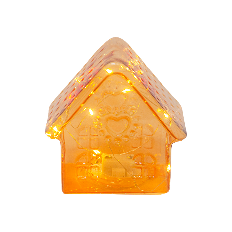 Casita Navideña Ámbar de Vidrio con Luz LED