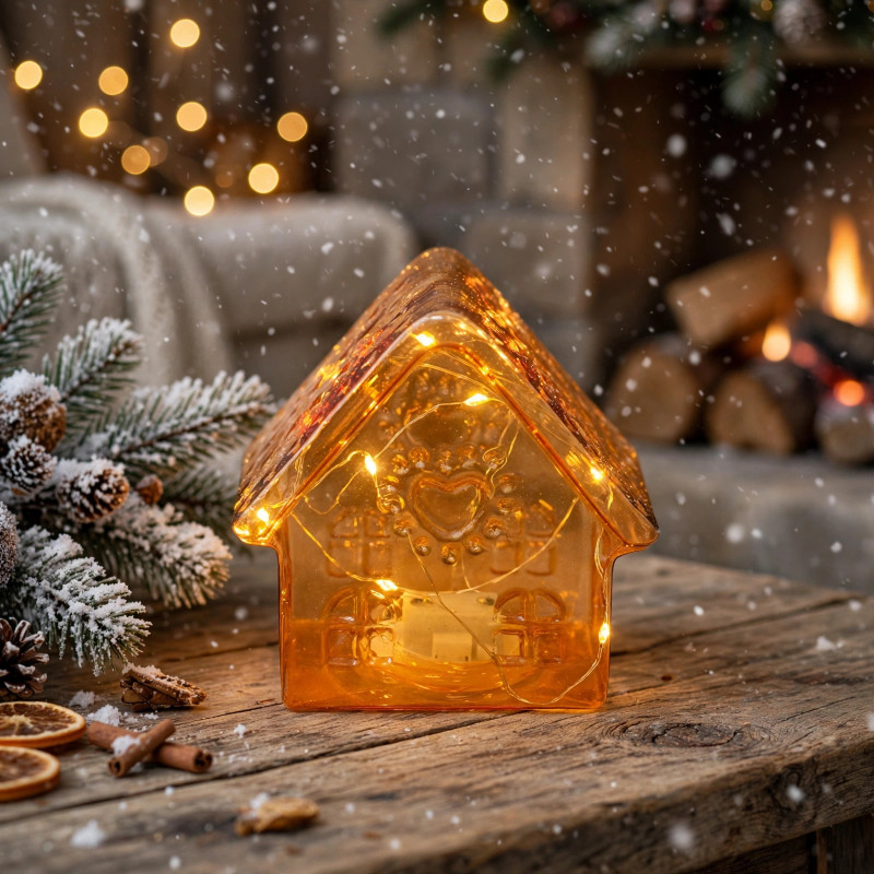 Casita Navideña Ámbar de Vidrio con Luz LED
