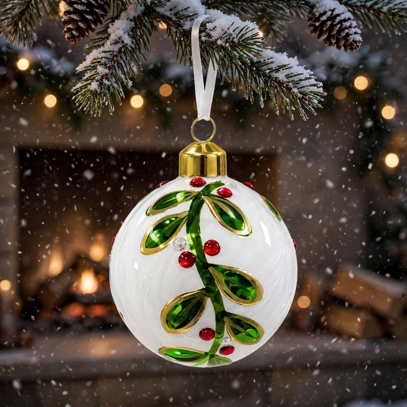Adorno Navideño Colgante Bola Blanca con Hojas de Vidrio