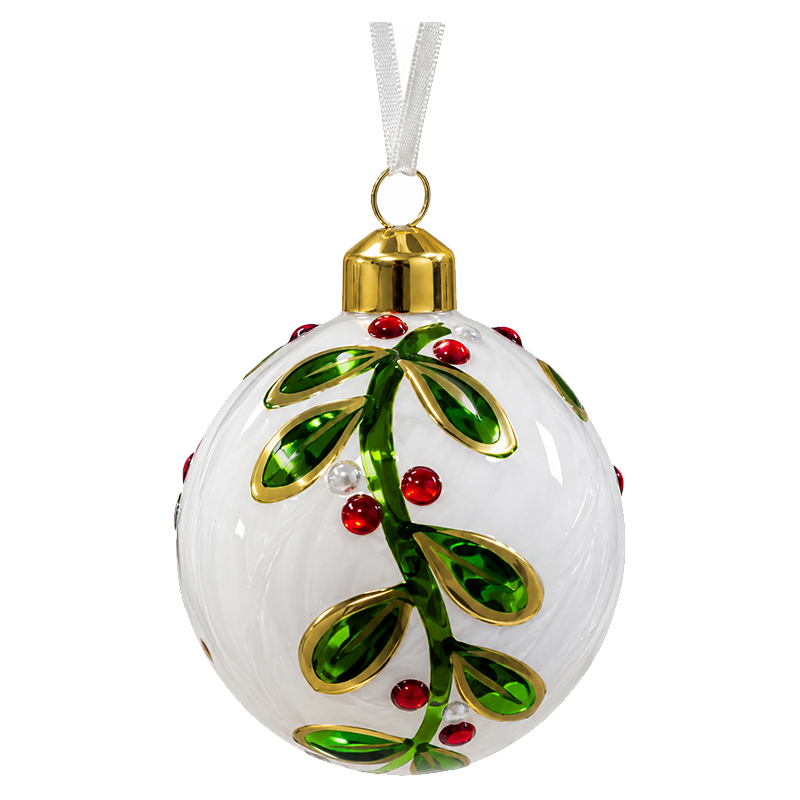Adorno Navideño Colgante Bola Blanca con Hojas de Vidrio