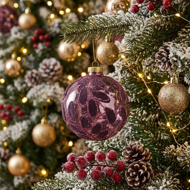 Adorno Navideño Colgante Fucsia Escarchado de 10 cm de Vidrio