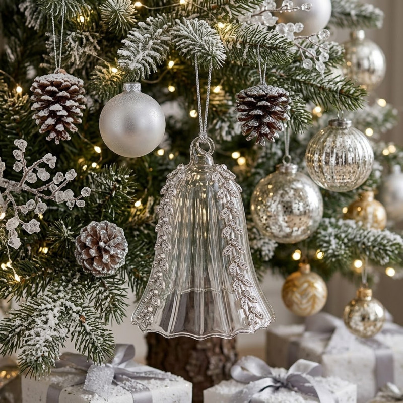 Adorno Navideño Colgante Campana Transparente Escarchada de Vidrio