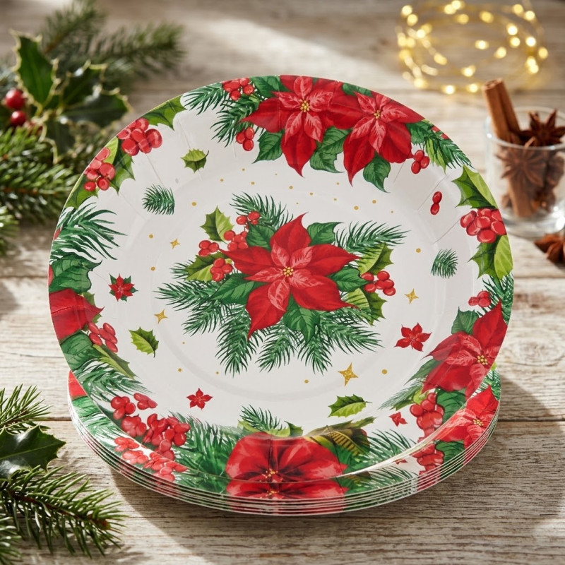 Plato 18cm Flor Ponsetia Navidad 10 Unidades