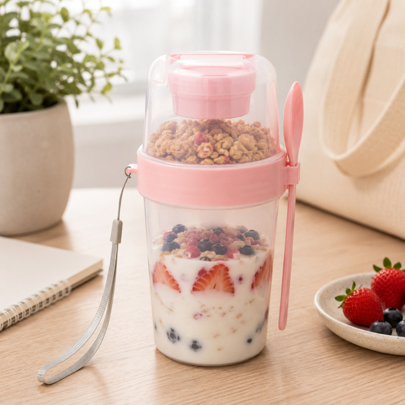 Vaso para Yogurt con Cuchara 870ml Rosa