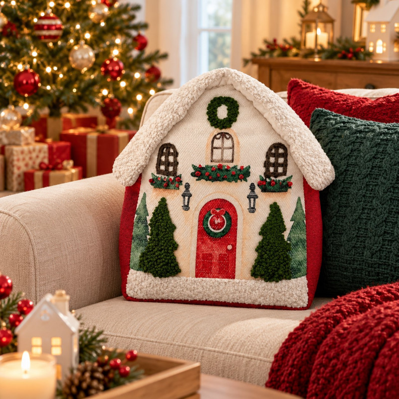 Cojín Winter Village con Forma de Casa Rustica 
