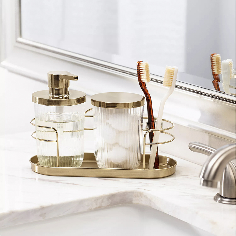 Bandeja con Accesorios de Baño Oro Vidrio 3 Piezas