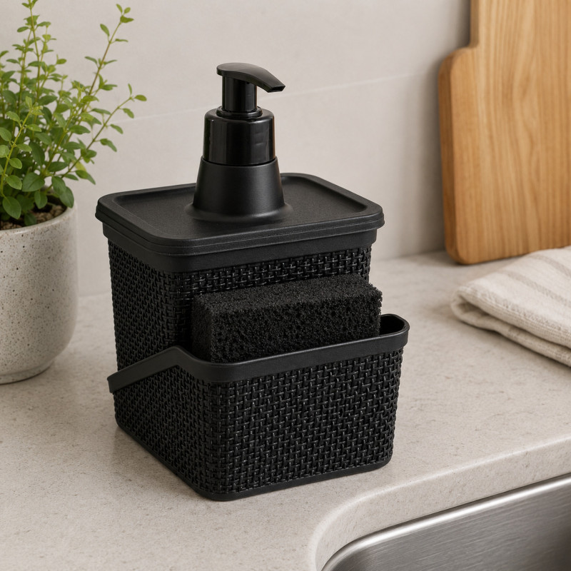 Dispensador de Jabón Líquido con Porta Esponja Negro 600ml Jaguar 