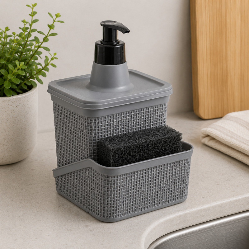 Dispensador de Jabón Líquido con Porta Esponja Gris 600ml Jaguar 