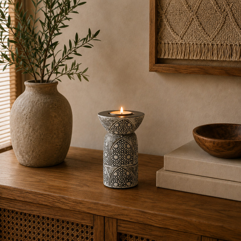 Porta Vela Ankara Gris Blanco 12cm