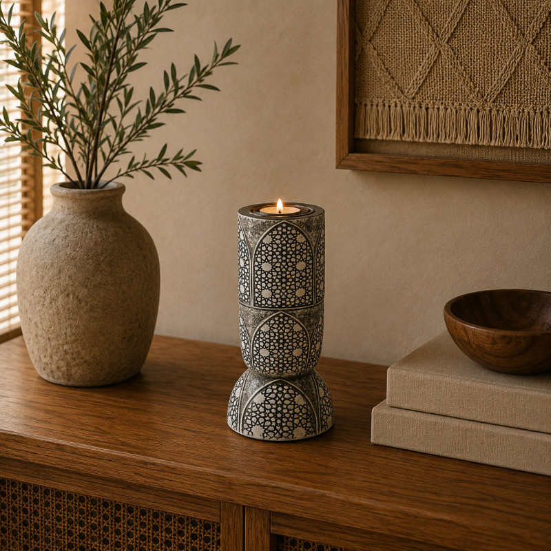 Porta Vela Ankara Gris Blanco 16cm