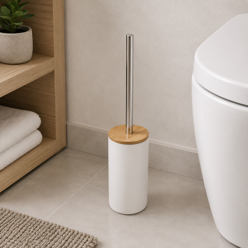Porta Cepillo para Inodoro Blanco Bambú