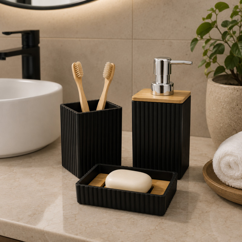 Accesorios de Baño 3 Piezas en Set Negro Bambú 